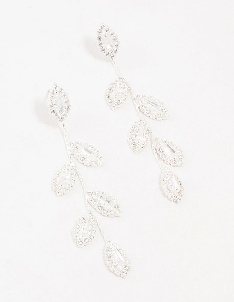 Silver Cubic Zirconia Leaf Drop Earrings