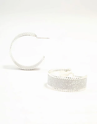 Silver Wide Glitter Hoop Earrings