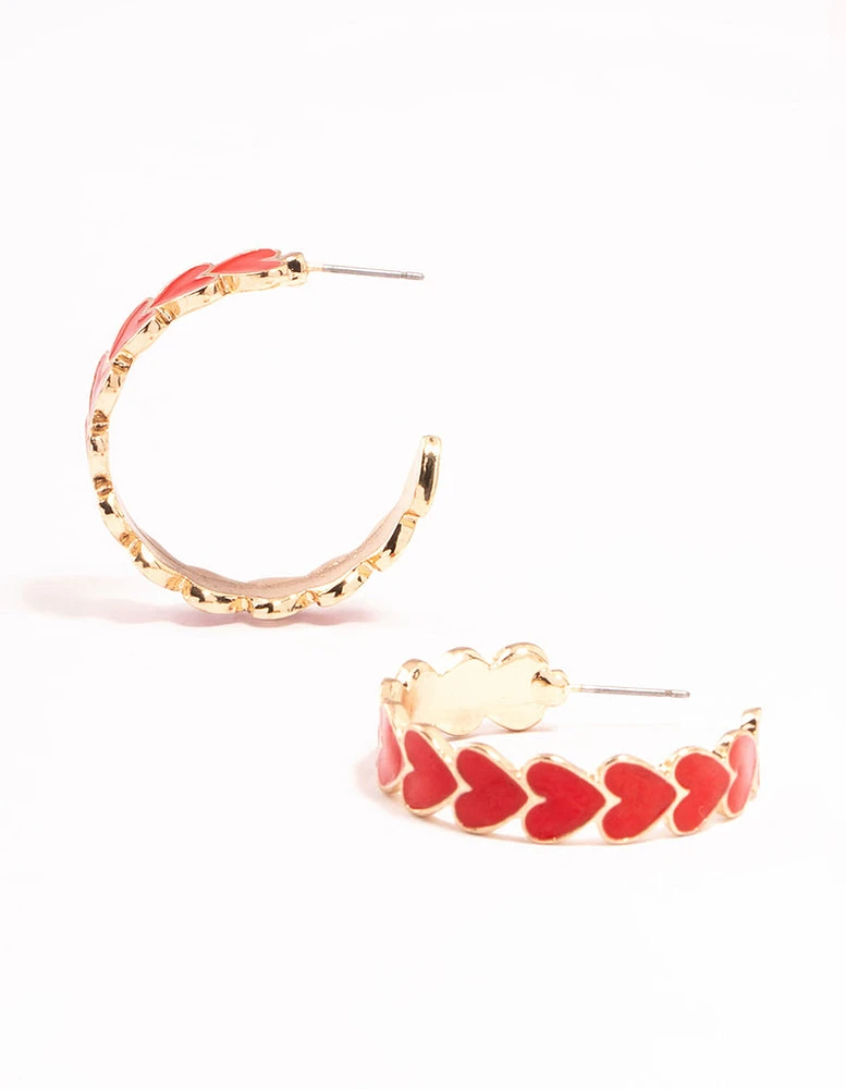 Red Heart Enamel Hoop Earrings