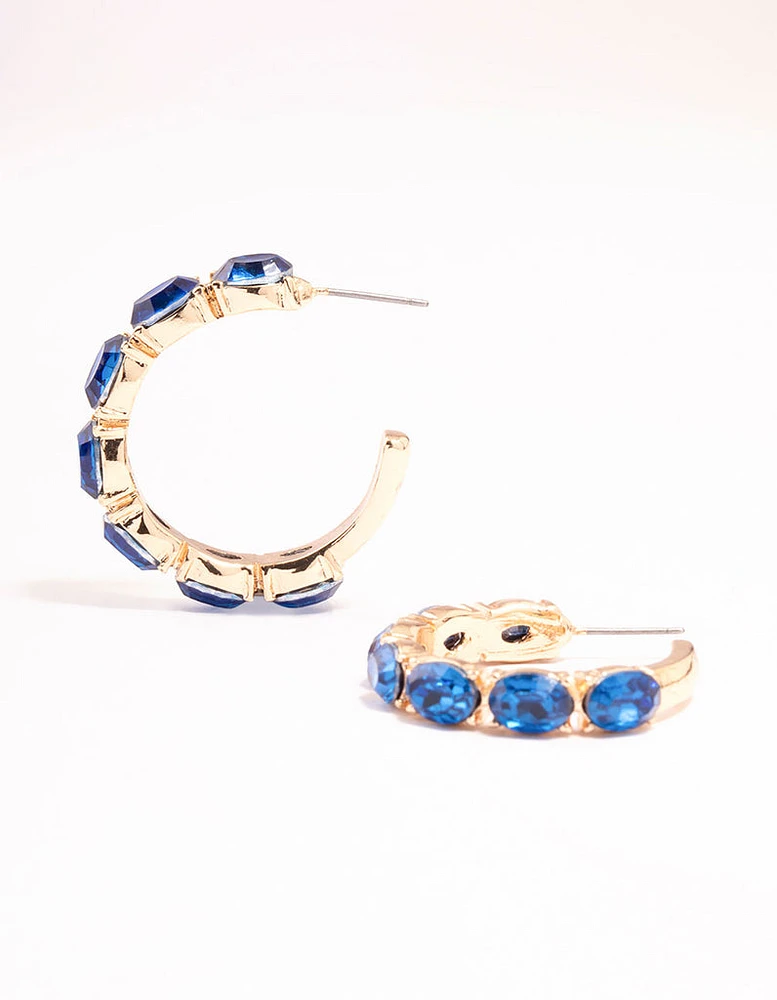 Gold Oval Blue Diamante Hoop Earrings