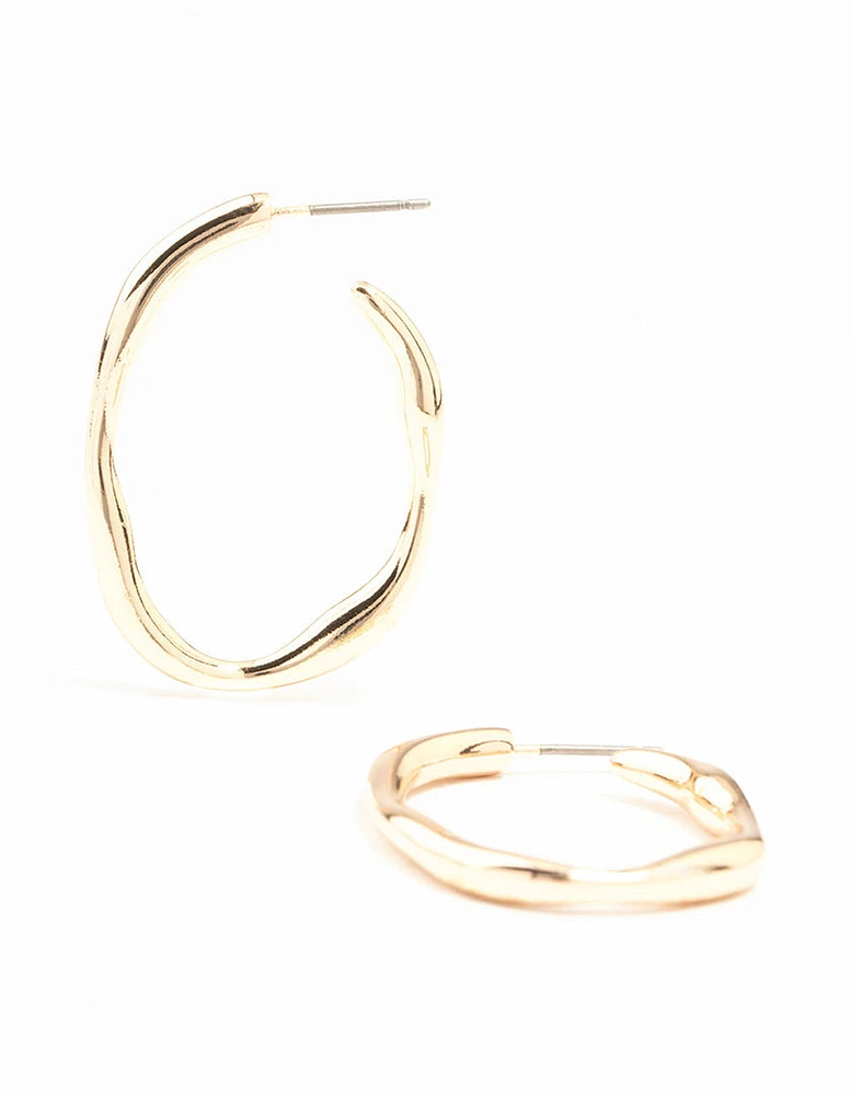 Medium Gold Warped Fine Hoop Earrings