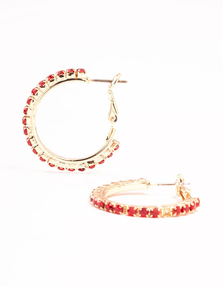 Gold Cupchain Red Diamante Hoop Earrings