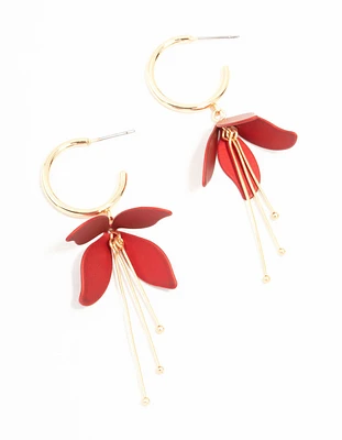 Gold Red Pearlised Flower Drop Earrings