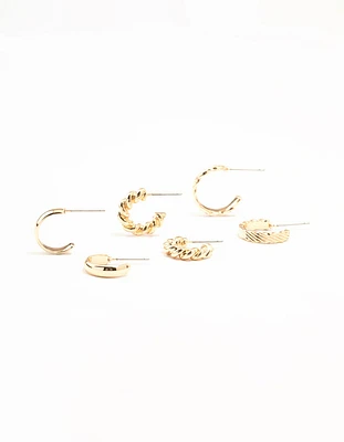 Gold Mixed Textured Hoop Earrings 3-Pack