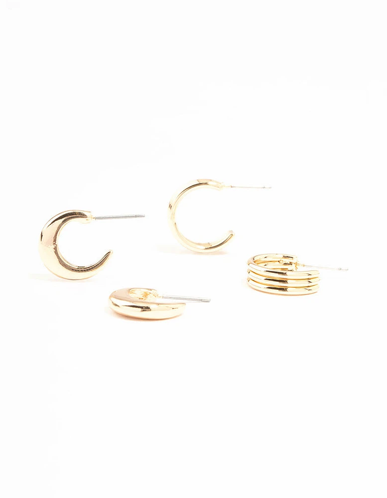 Gold Ribbed & Plain Hoop Earrings 2-Pack