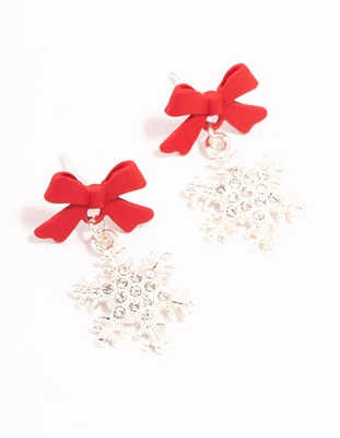 Silver Diamante Snowflake & Red Bow Drop Earrings