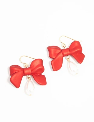 Gold Red Pearlised Bow & Pearl Drop Earrings