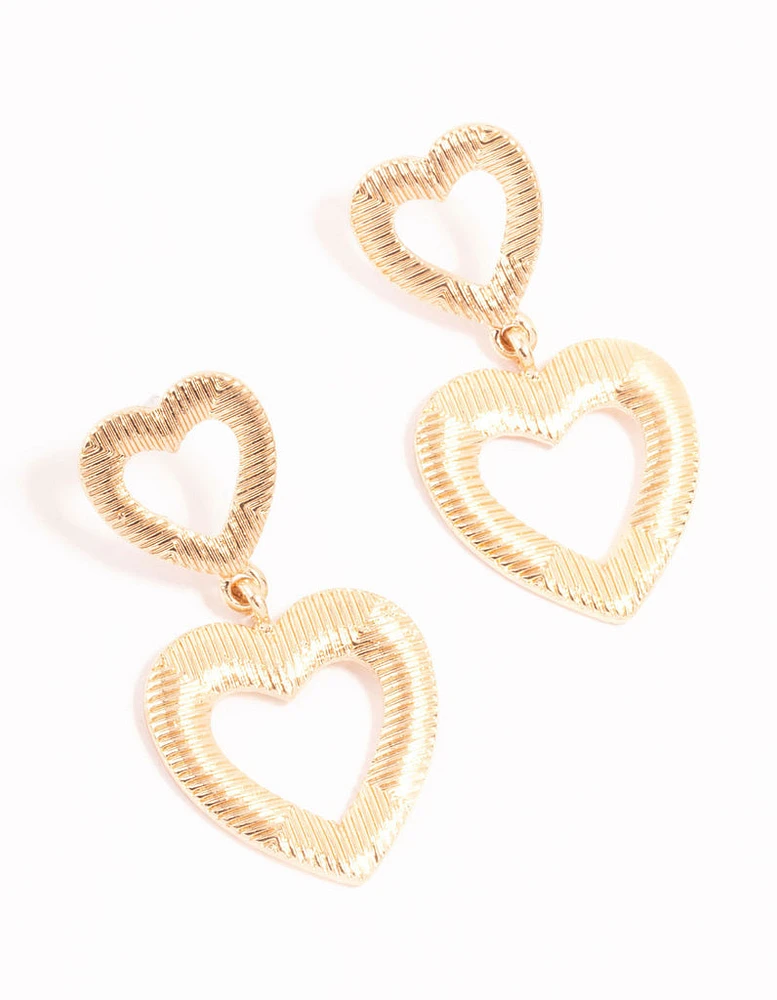 Gold Line Double Heart Drop Earrings