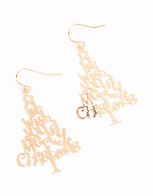 Gold Merry Christmas Tree Drop Earrings