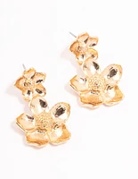 Gold Double Flower Drop Earrings