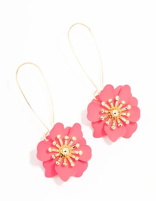 Pink Flower Long Drop Gold Earrings