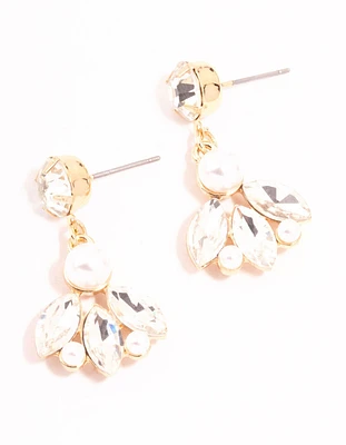 Gold Diamante & Pearl Marquise Drop Earrings