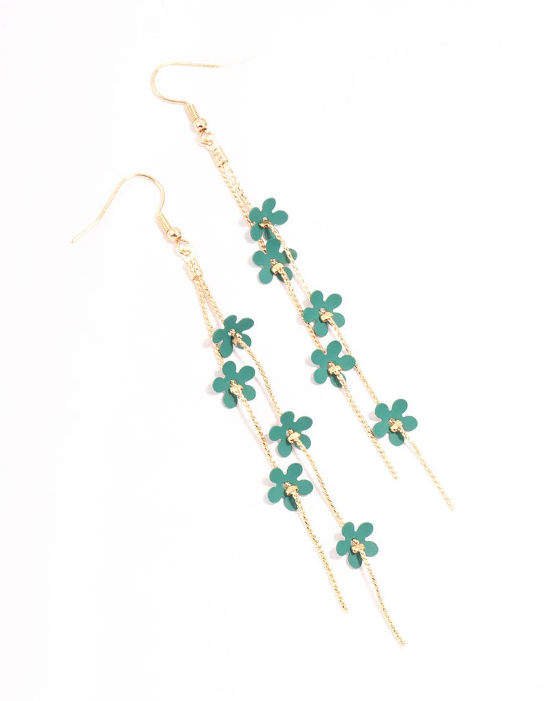 Blue Flower Chain Gold Drop Earrings