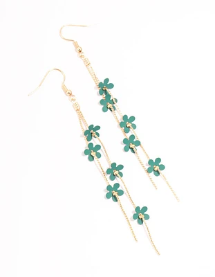 Blue Flower Chain Gold Drop Earrings