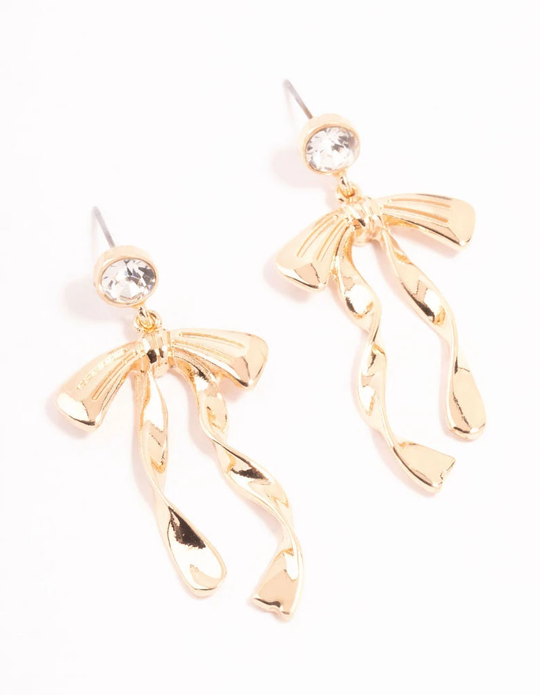 Gold Diamante Long Bow Drop Earrings