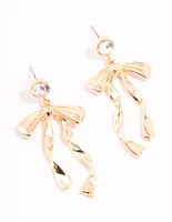 Gold Diamante Long Bow Drop Earrings