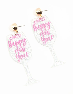 Happy New Year Glass Acrylic Drop Earrings