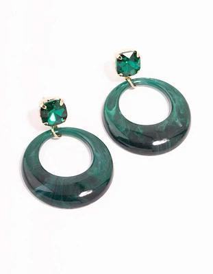 Green Acrylic Circle & Diamante Drop Earrings