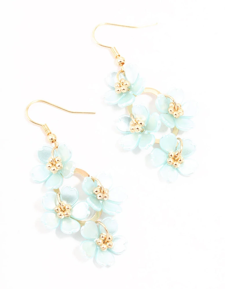 Blue Pearlised Flower Vine Gold Drop Earrings