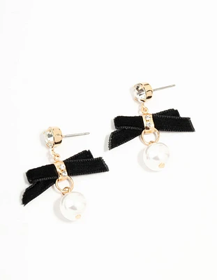 Black Velvet Bow & Mini Pearl Drop Earrings