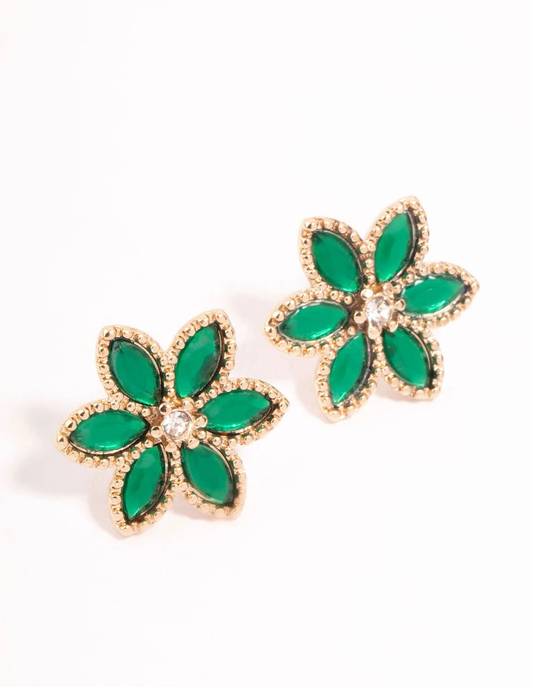 Marquise Green Diamante Flower Etched Earrings