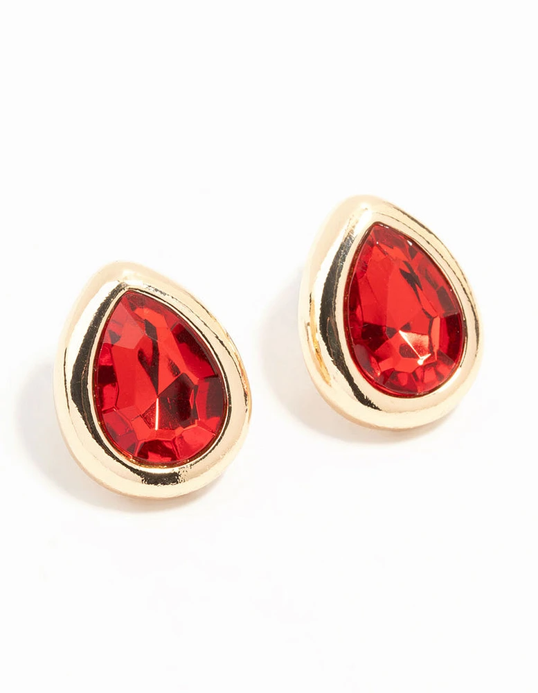 Red Pear Diamante Gold Stud Earrings