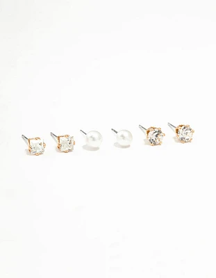 Gold Diamante & Pearl Stud Earrings 3-Pack