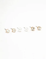 Gold Diamante & Pearl Stud Earrings 3-Pack