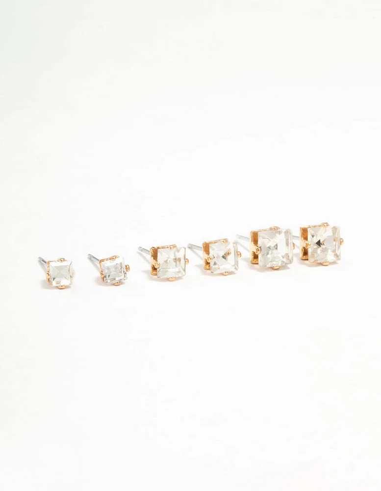 Square Diamante Gold Stud Earrings 3-Pack