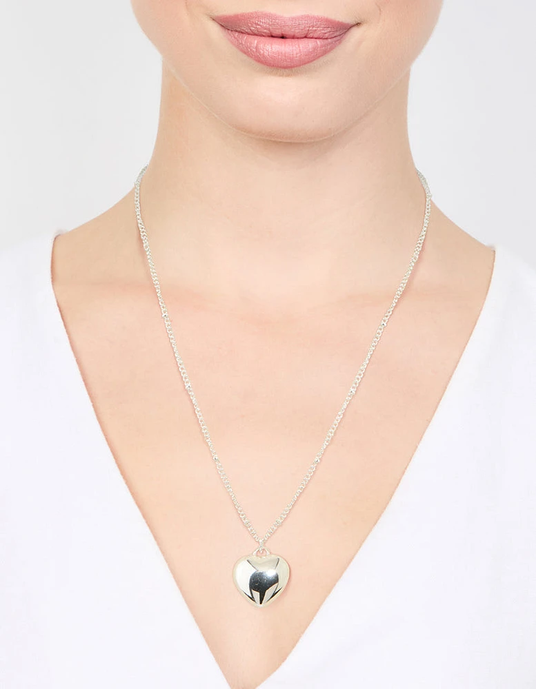 Silver Puffy Heart Ball Chain Necklace