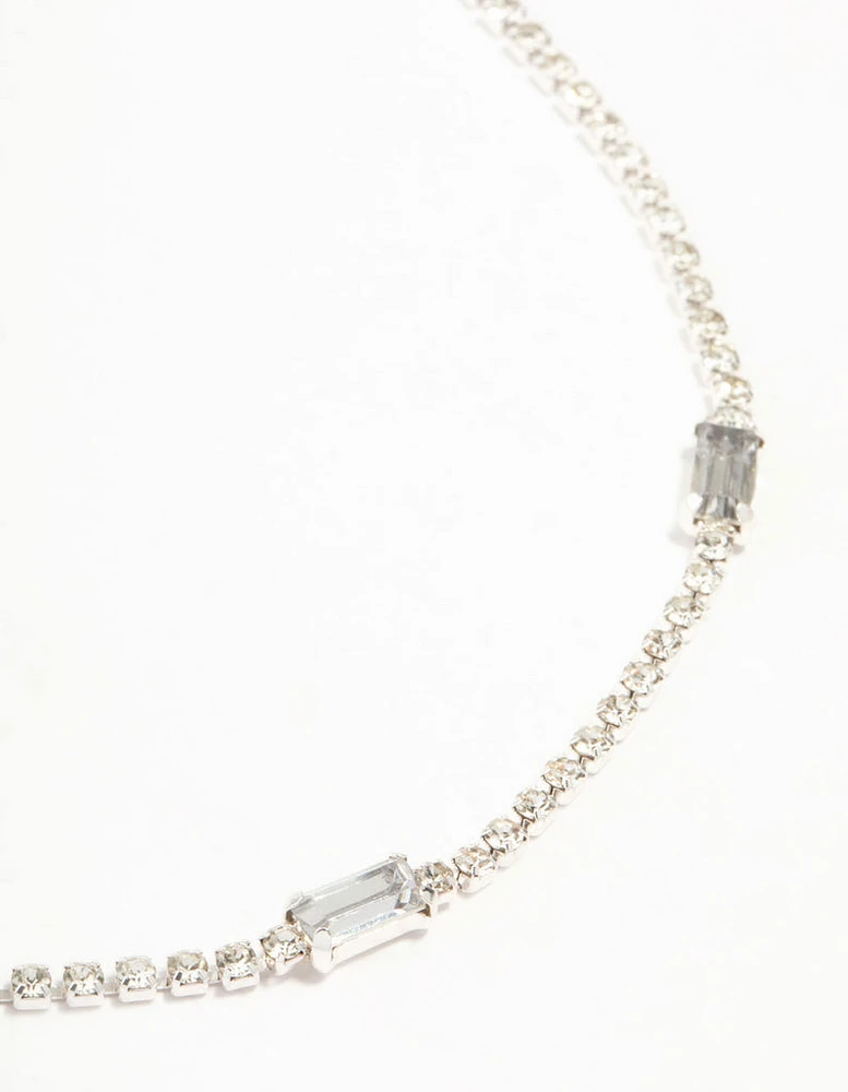 Silver Cupchain Baguette Cut Diamante Station Necklace