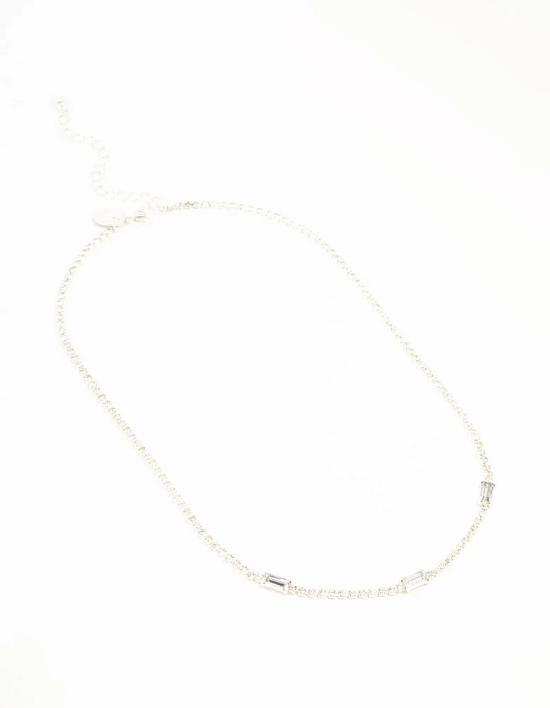 Silver Cupchain Baguette Cut Diamante Station Necklace