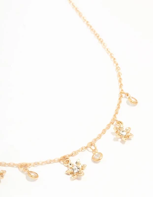 Gold Flower Diamante Droplet Necklace