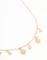 Gold Flower Diamante Droplet Necklace