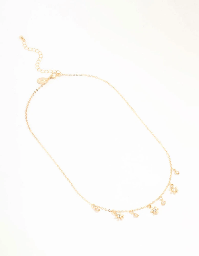 Gold Flower Diamante Droplet Necklace