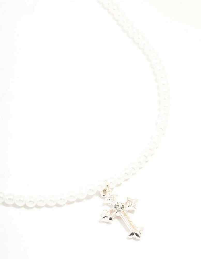 Silver Pearl Cross Pendant Necklace