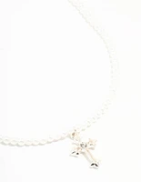 Silver Pearl Cross Pendant Necklace