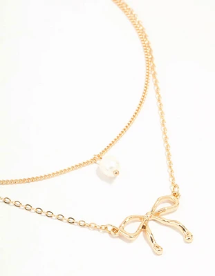 Gold Pearl & Bow Layered Necklace