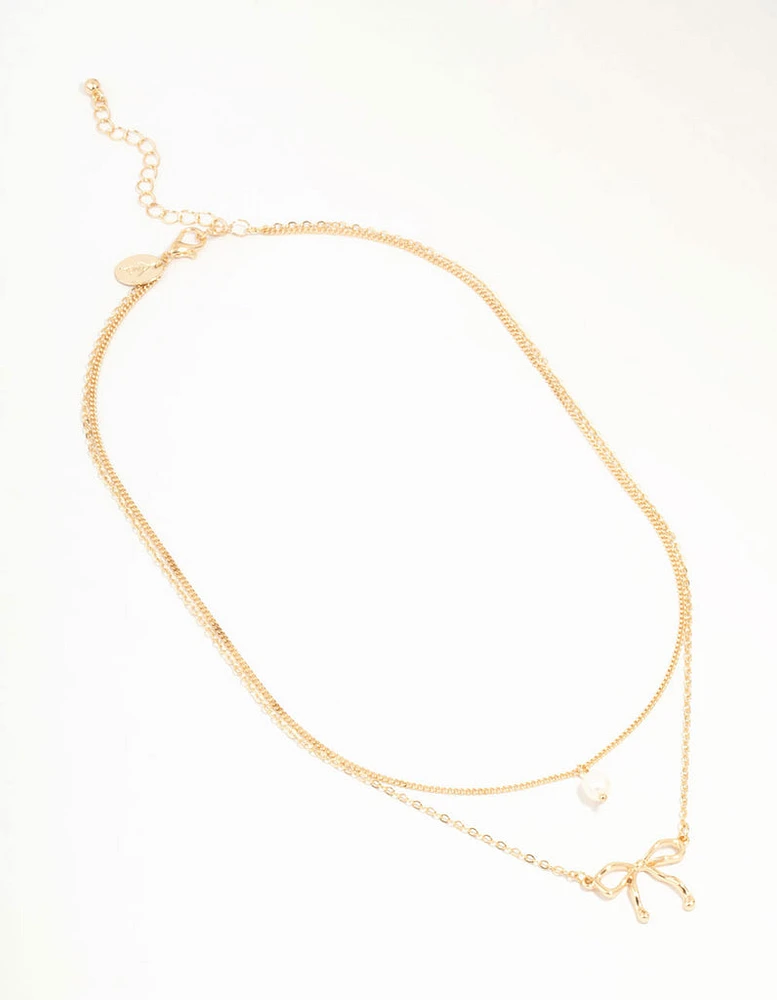 Gold Pearl & Bow Layered Necklace