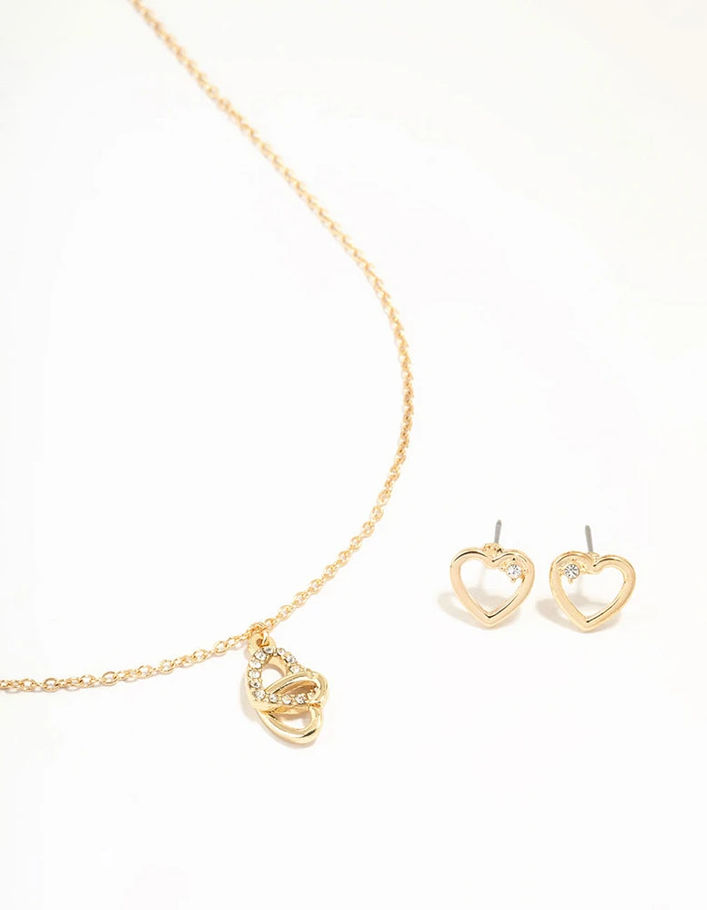 Gold Link Heart Diamante Necklace & Earrings Set