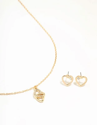 Gold Link Heart Diamante Necklace & Earrings Set