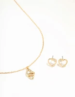 Gold Link Heart Diamante Necklace & Earrings Set