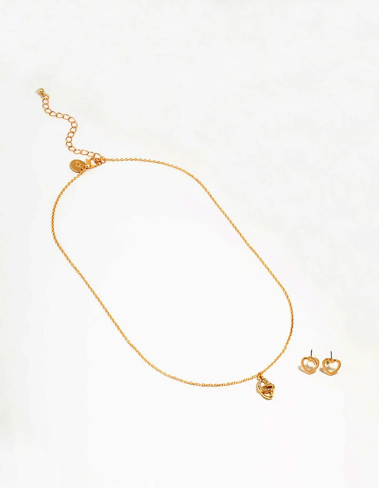 Gold Link Heart Diamante Necklace & Earrings Set