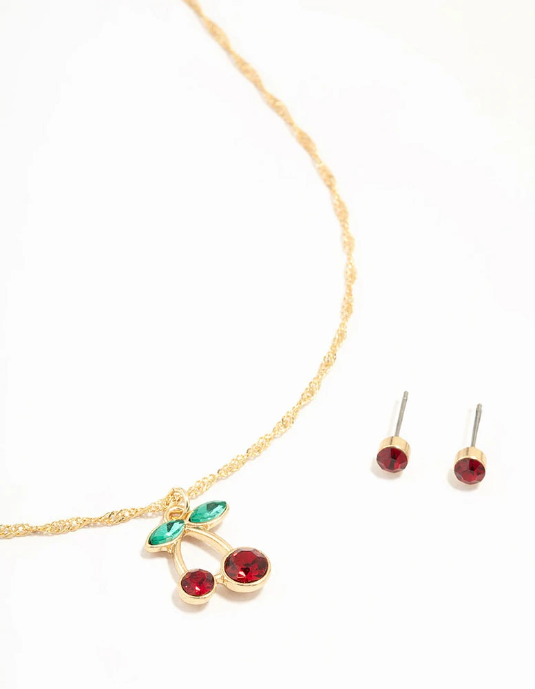 Gold Cherry Necklace & Red Diamante Earrings Set