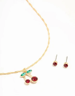 Gold Cherry Necklace & Red Diamante Earrings Set