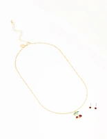 Gold Cherry Necklace & Red Diamante Earrings Set