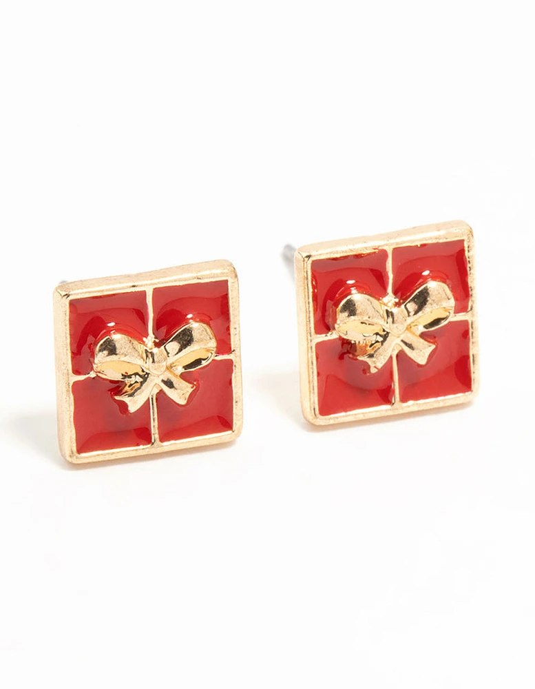 Red Enamel Present Gold Stud Earrings