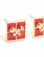 Red Enamel Present Gold Stud Earrings