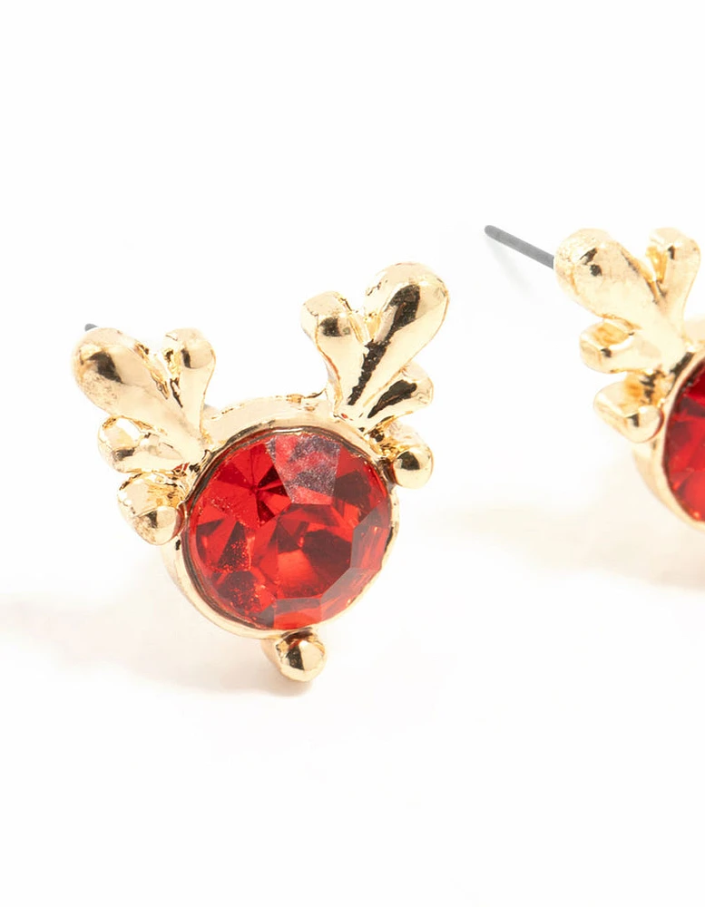 Red Diamante Reindeer Gold Stud Earrings