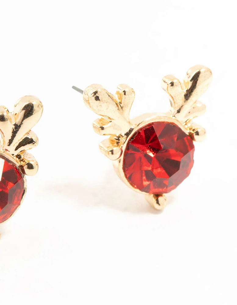 Red Diamante Reindeer Gold Stud Earrings